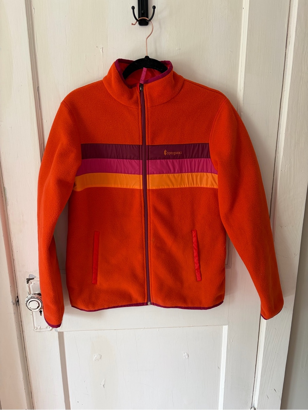 cotopaxi Kids Orange Fleece Jacket with Purple and Yellow Stripes